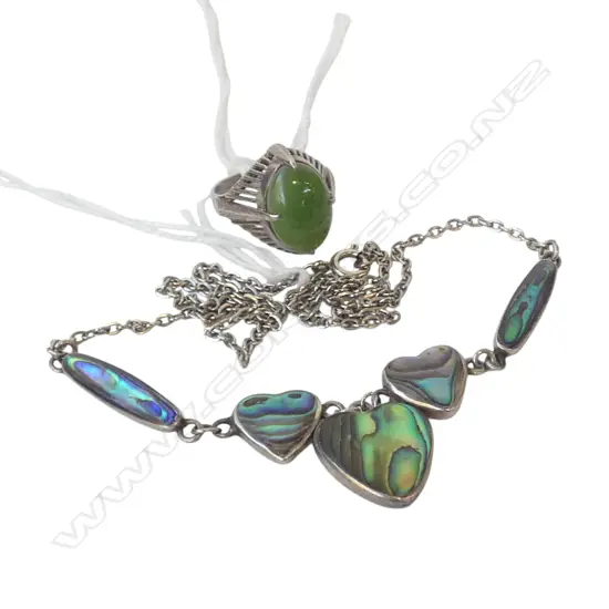 STG SILVER / ABALONE NECKLACE & STG SILVER RING WITH GREEN STONE