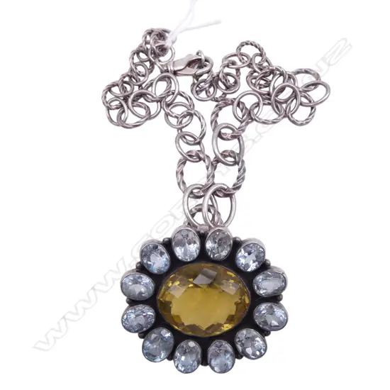 STG SILVER NECKLACE w. LG GEMSTONE PENDANT 45x50mm 75gms