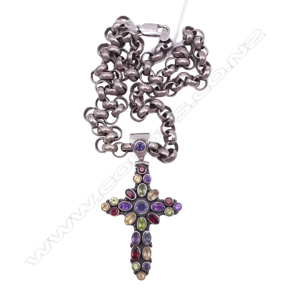 STG SILVER NECKLACE w. GEMSTONE CROSS PENDANT 45x30mm L.450mm 44gms Image 1++
