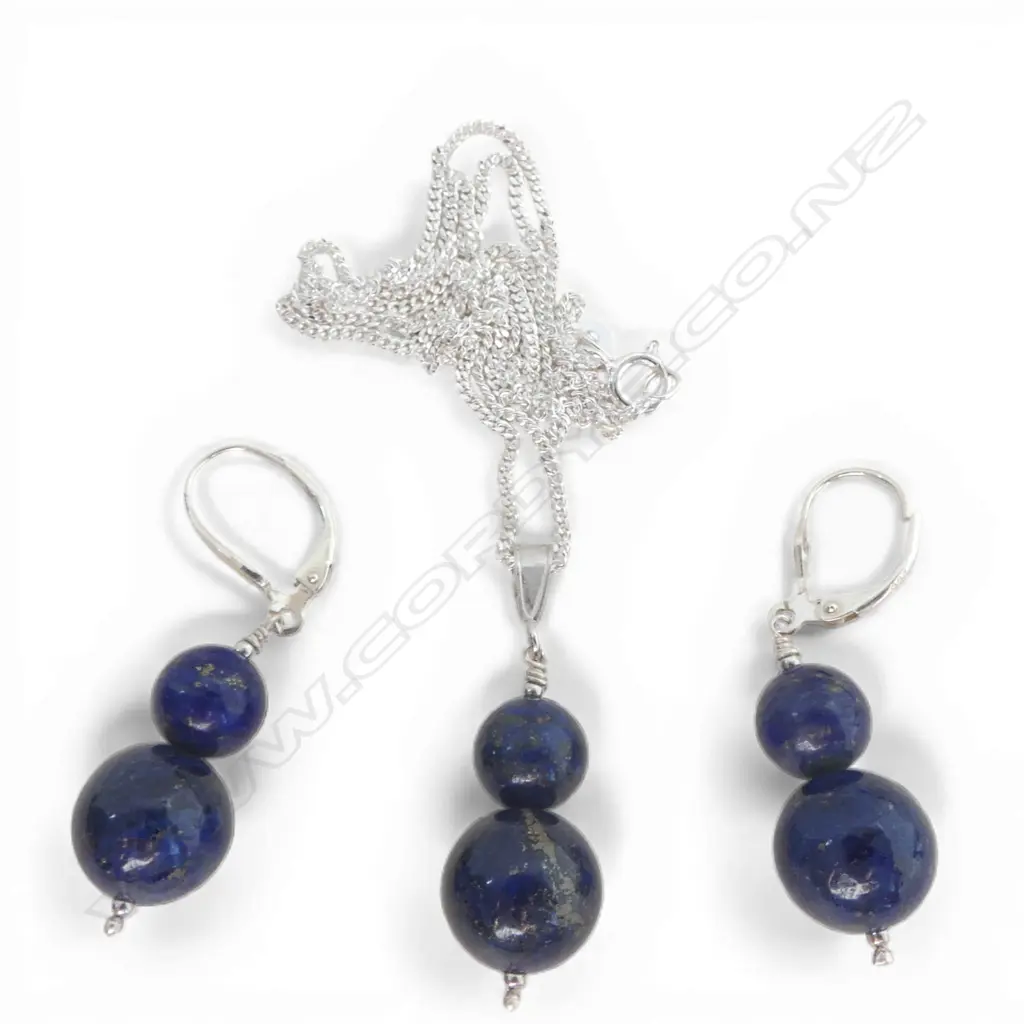 SILVER LAPIS BEAD NECKLACE & PR MATCHING EARRINGS Image 1++