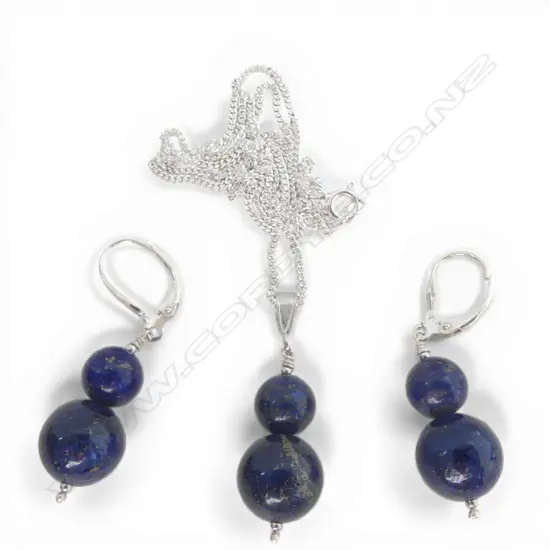 SILVER LAPIS BEAD NECKLACE & PR MATCHING EARRINGS