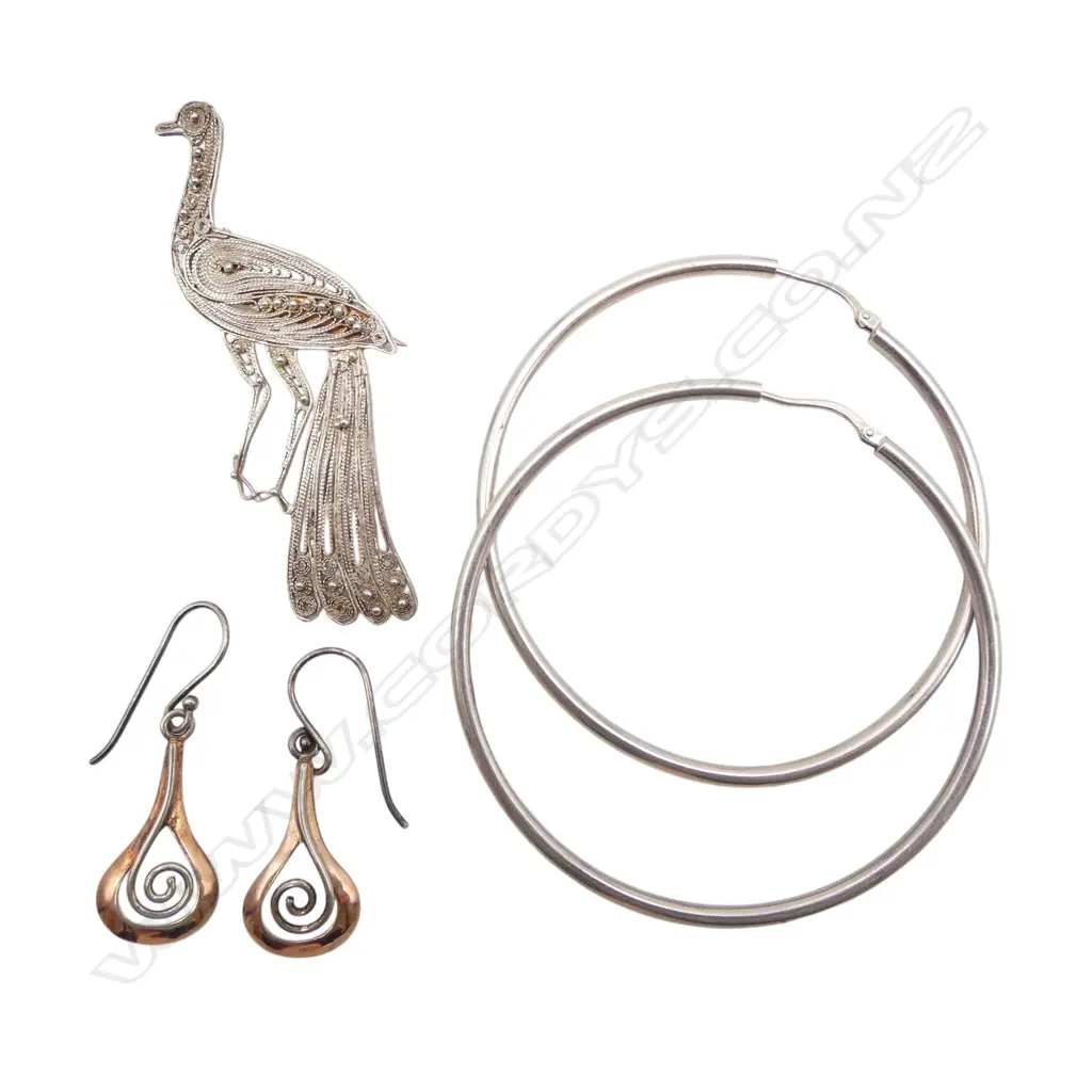 2 PRS SILVER EARRINGS: LGE HOOPS + gold plated teardrops +peacock filagree brooch Image 1++
