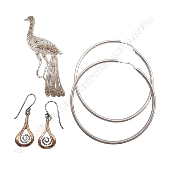 2 PRS SILVER EARRINGS: LGE HOOPS + gold plated teardrops +peacock filagree brooch