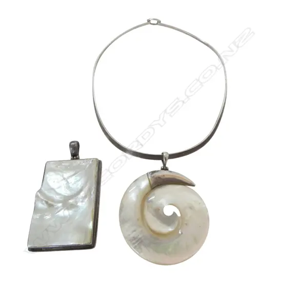 LGE MODERNIST SILVER & KORU mother of pearl PENDANT NECKLACE + ANOTHER LGE similar PENDANT