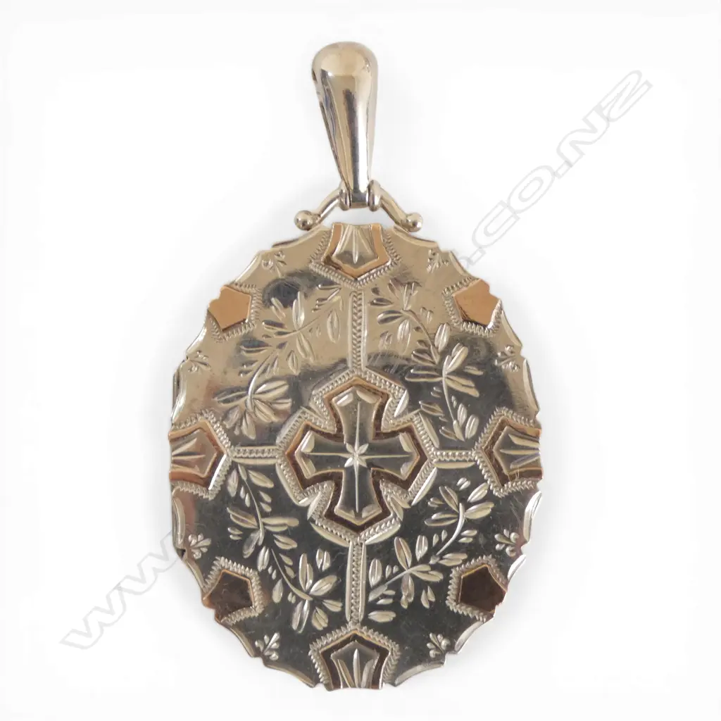 STG SILVER & 9ct highlightsGOLD LOCKET, BIRMINGHAM 1882, 15gms, H.63mm Image 1++