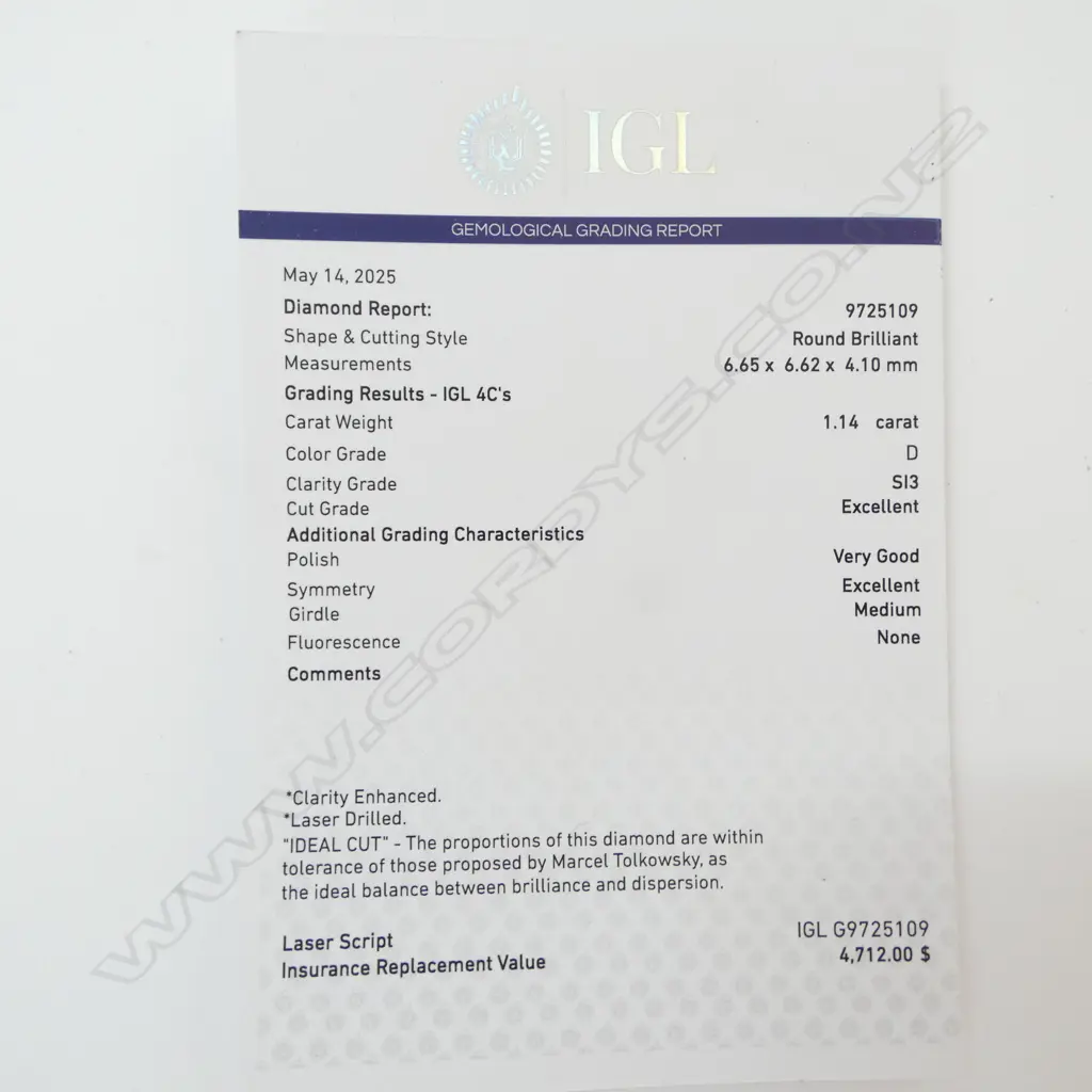 1.14CT UNSET ROUND BRILLIANT CUT DIAMOND (IGL REPORT) Image 1++