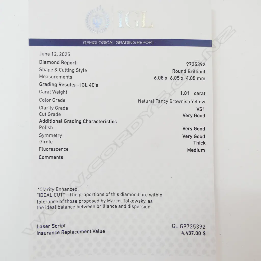 1.01CT UNSET ROUND BRILLIANT CUT COGNAC DIAMOND (IGL REPORT) Image 1++