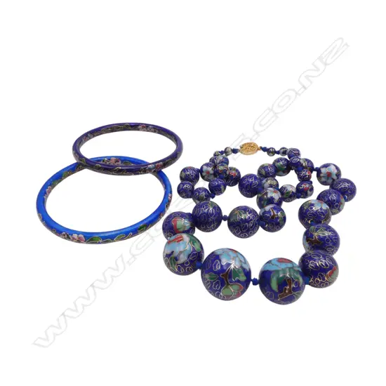 STRING OF CHINESE CLOISONE BEAD NECKLACE & 2 CLOISONE BANGLES