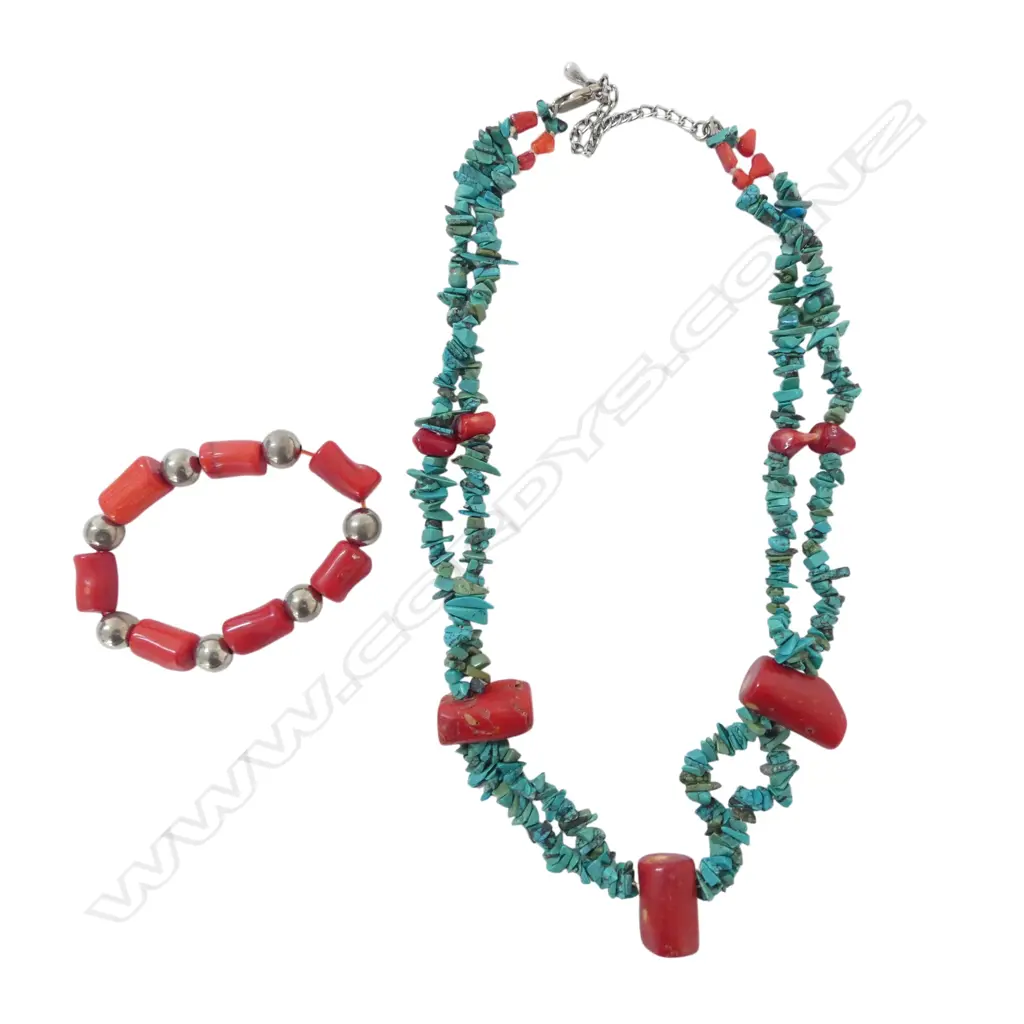 TURQUOISE & CORAL NECKLACE + BRACELET Image 1++