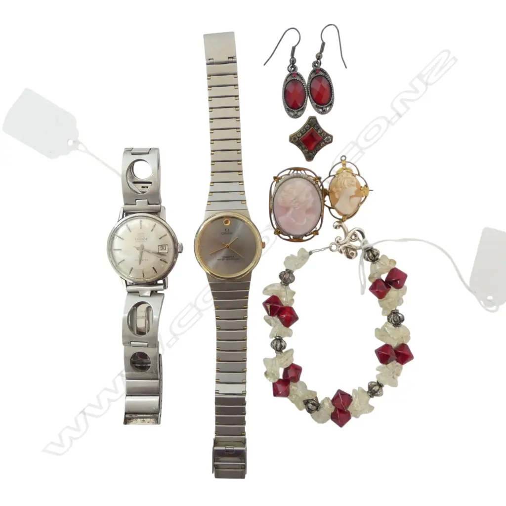 ASST JEWELLERY: BEADED BRACELET & STG EARRINGS + 3 BROOCHES + 2 WATCHES (not Omega) Image 1++