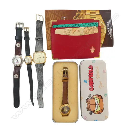 4 VINTAGE WATCHES GARFIELD ETC & ROLEX BOOK & WALLET