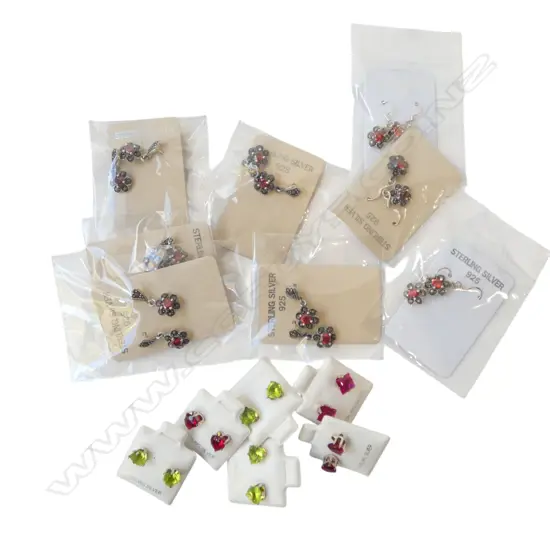 BAG of 14 pairs of SILVER & gem set EARRINGS new old stock 3 different types