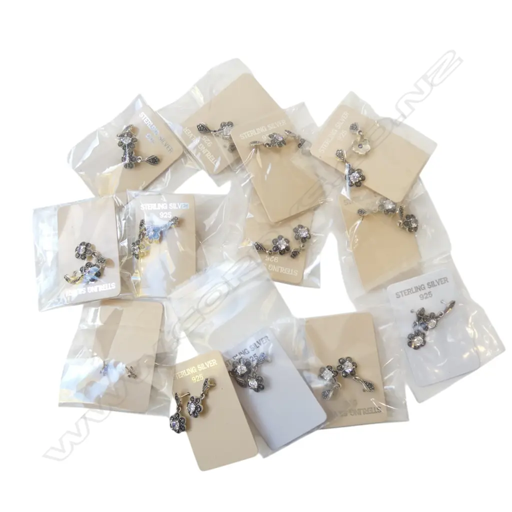 BAG of 13 flower head shape pairs of SILVER & gem set EARRINGS new old stock Image 1++