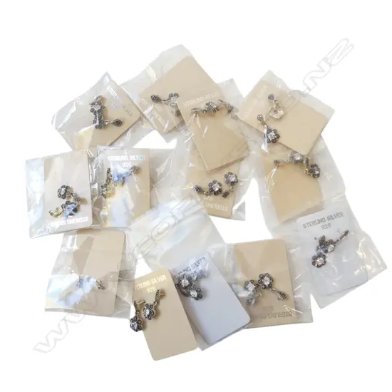 BAG of 13 flower head shape pairs of SILVER & gem set EARRINGS new old stock