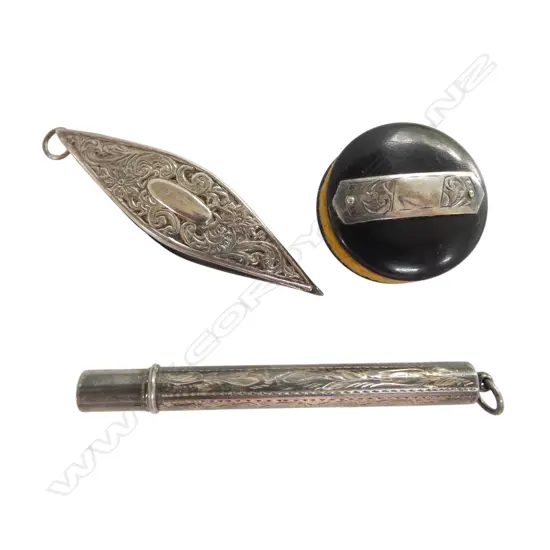 STG SILVER AND EBONY PIN CUSHION, STERLING NEEDLE CASE AND STERLING COTTON REEL 19gms TW