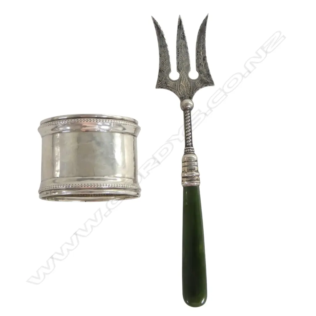 c1900 ENGRAVED SILVER & POUNAMU BREAD FORK by A.M + SILVER NAPKIN RING 31gms total Image 1++