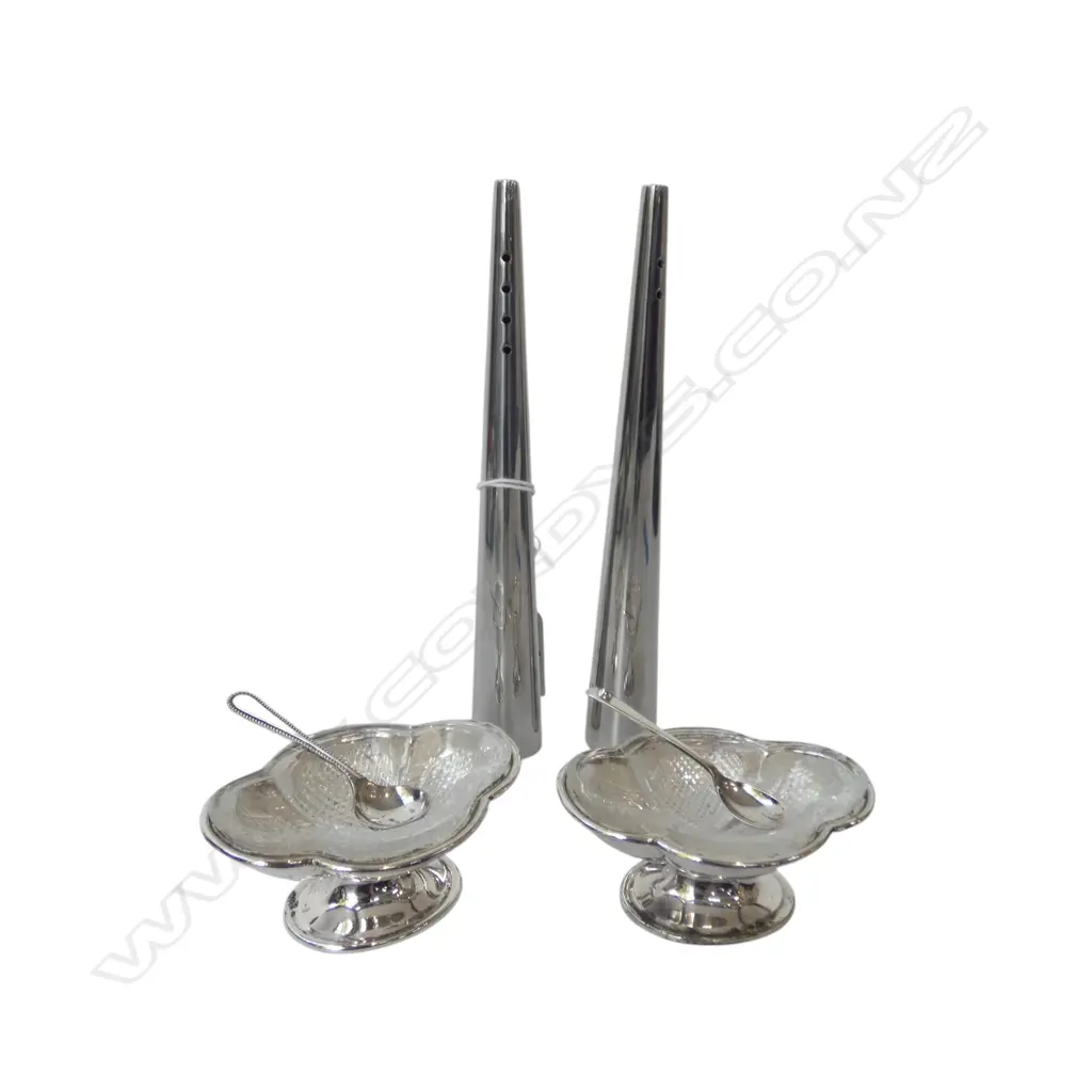 PR DESIGNER STYLE CHROME CRUETS + PR EP SALTERS w. STG SILVER SPOONS Image 1++