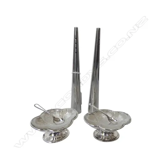 PR DESIGNER STYLE CHROME CRUETS + PR EP SALTERS w. STG SILVER SPOONS