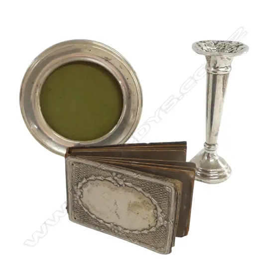 3 PCES STG SILVER; VASE H.110mm, PHOTO FRAME 105mm dia, PHOTO ALBUM 55x85mm VASE WITH FAULTS