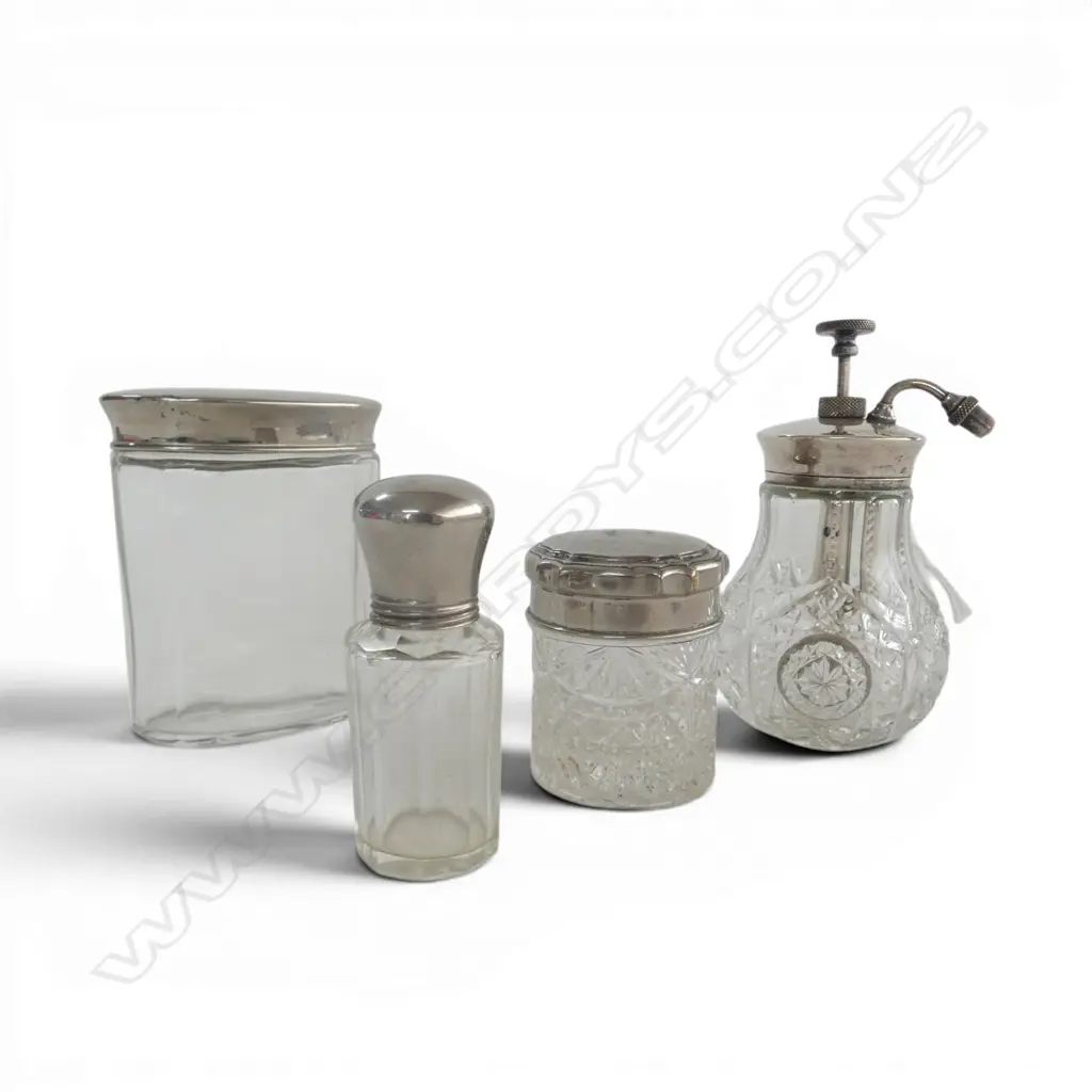 ANTIQUE CRYSTAL PERFUME BOTTLE & 3 VANITY JARS, H.120MM Image 1++