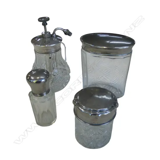 ANTIQUE CRYSTAL PERFUME BOTTLE & 3 VANITY JARS, H.120MM