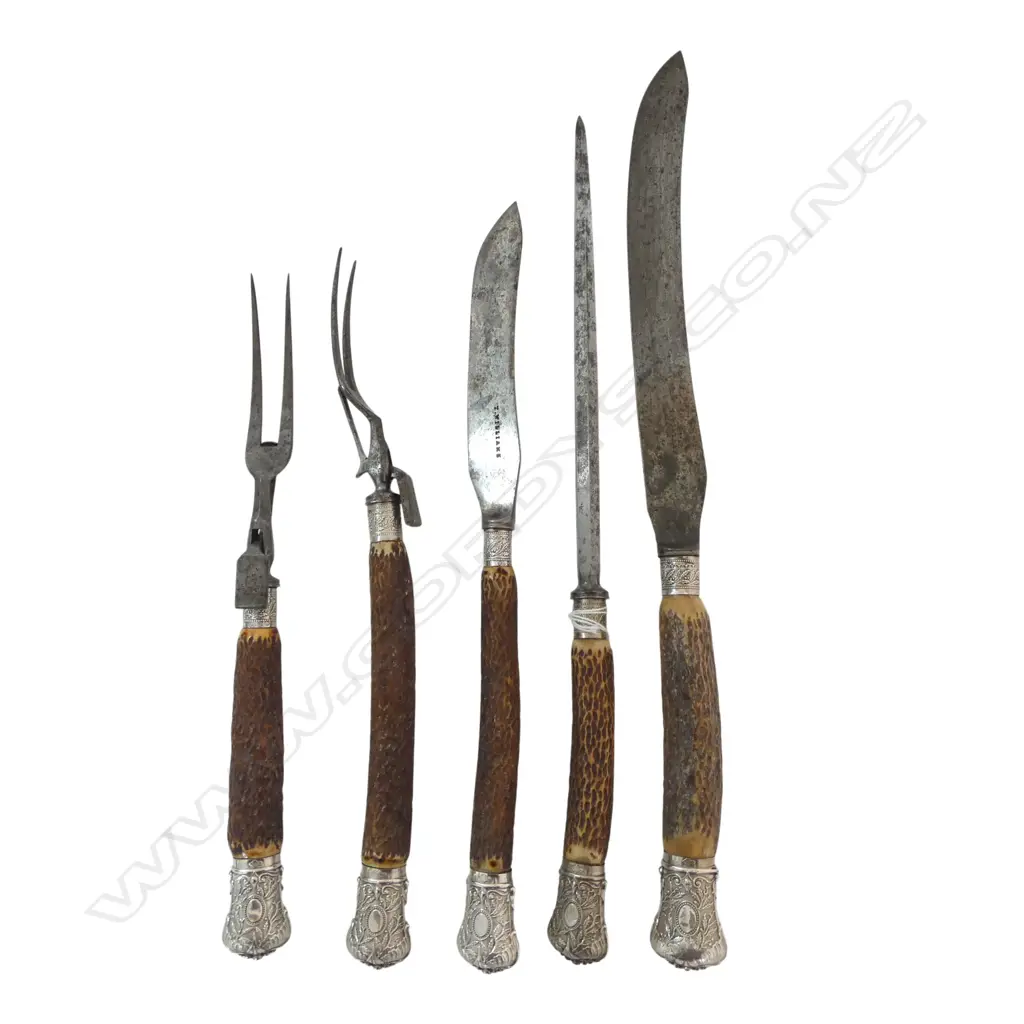 5 PCE HORN HANDLED CARVING SET, STG SILVER TRIM, SHEFFIELD 1883 L.440mm Image 1++