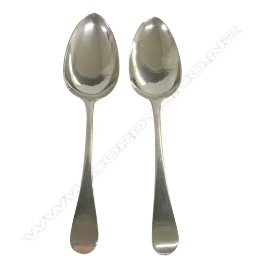 2 LATE 18thC GEORGIAN STG SILVER SERVING SPOONS, LONDON 1789 & 1795, 131gms