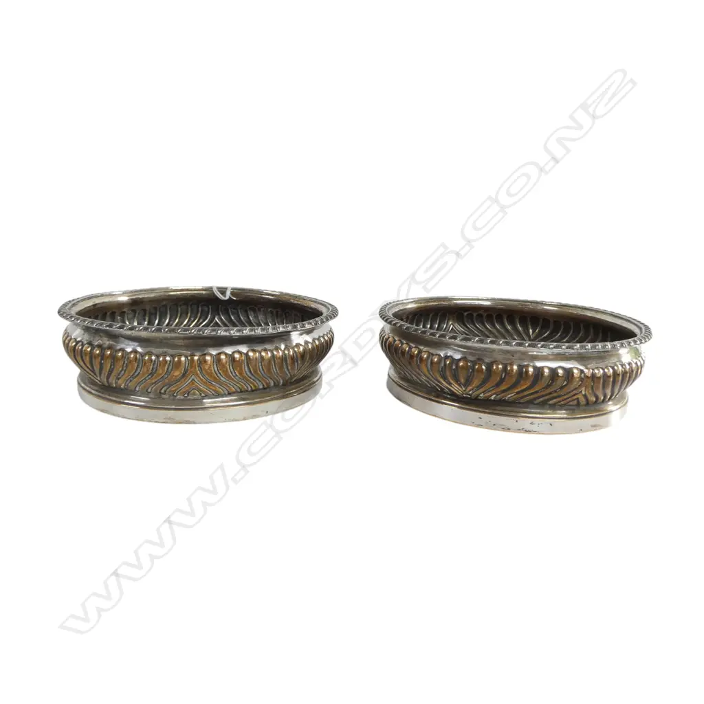 PR EARLY VICTORIAN OLD SHEFFIELD PLATE WINE BOTTLE COASTERS wrythen lobed gallery. Turned wooden base. Dia.150mm Image 1++