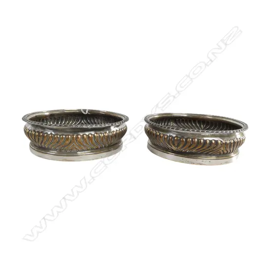 PR EARLY VICTORIAN OLD SHEFFIELD PLATE WINE BOTTLE COASTERS wrythen lobed gallery. Turned wooden base. Dia.150mm