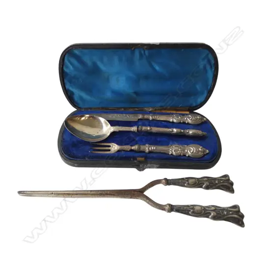 VICTORIAN SILVER CHRISTENING SET metal rods inside handles box a.f + SILVER handled steel CURLERS