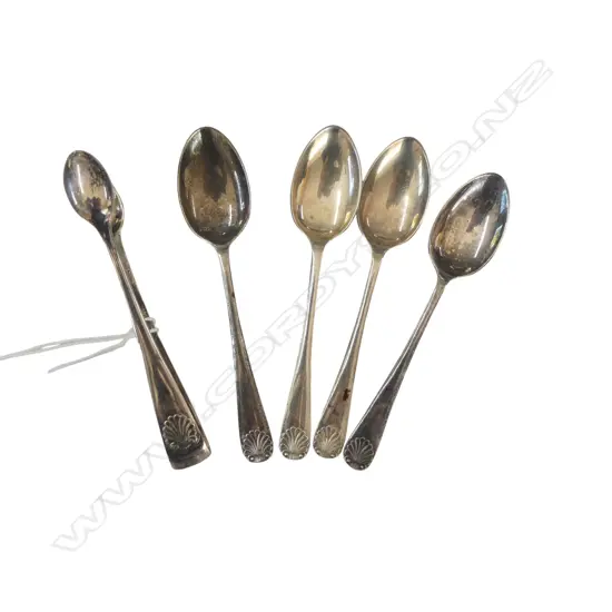 4 STG SILVER TEASPOONS + TONGS, 66gms