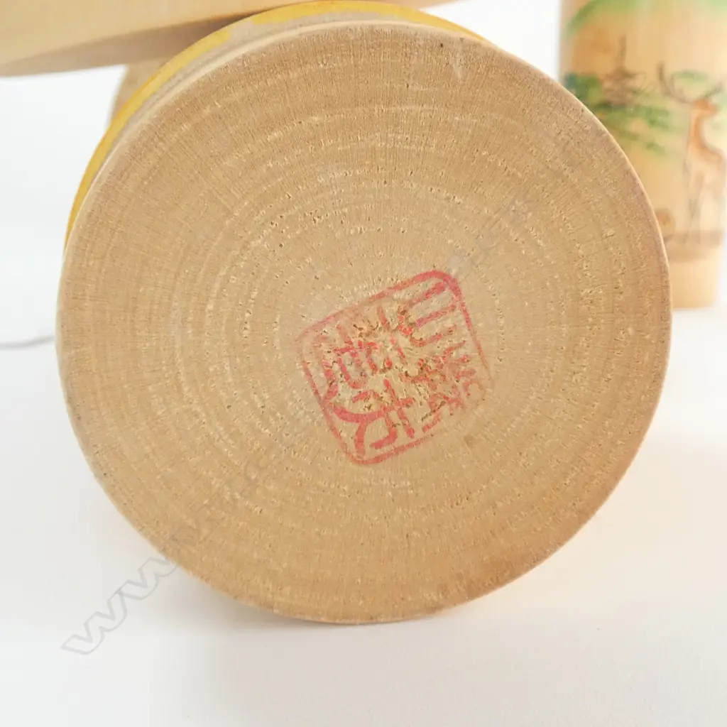 TWO MID CENTURY JAPANESE KOKESHI DOLLS, 1969,1970 w red stamp to base, H.230/270mm Image 1++