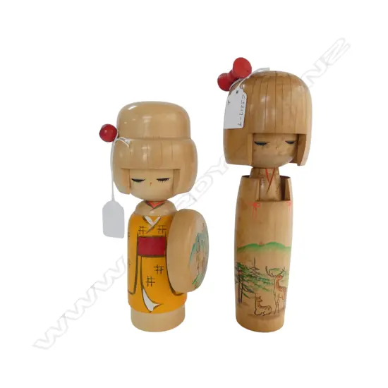 TWO MID CENTURY JAPANESE KOKESHI DOLLS, 1969,1970 w red stamp to base, H.230/270mm