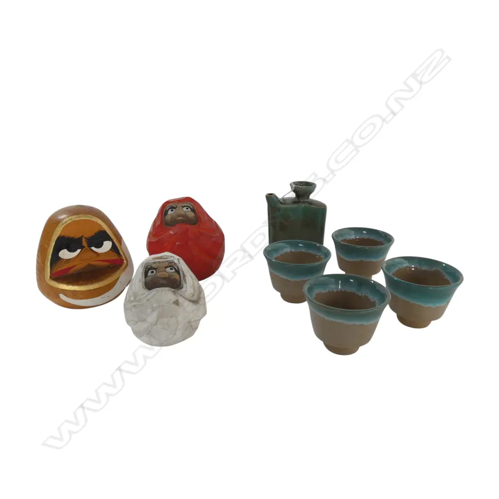 GLAZED SAKE SET & 3 VINTAGE 1960's JAPANESE DARUMA  FIGURINES, H.80 x 100mm Image 1++