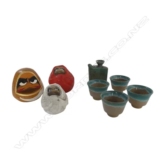GLAZED SAKE SET & 3 VINTAGE 1960's JAPANESE DARUMA  FIGURINES, H.80 x 100mm