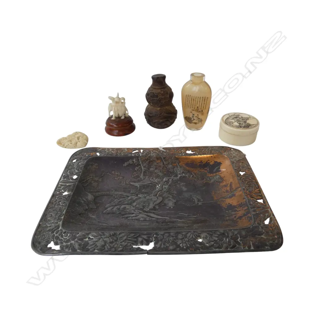 6 ORIENTAL ITEMS; METAL TRAY W.180mm, 3 PCES IVORY, SNUFF BOTTLE, WALKING STICK TOP Image 1++