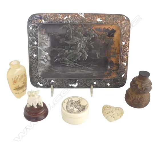 6 ORIENTAL ITEMS; METAL TRAY W.180mm, 3 PCES IVORY, SNUFF BOTTLE, WALKING STICK TOP
