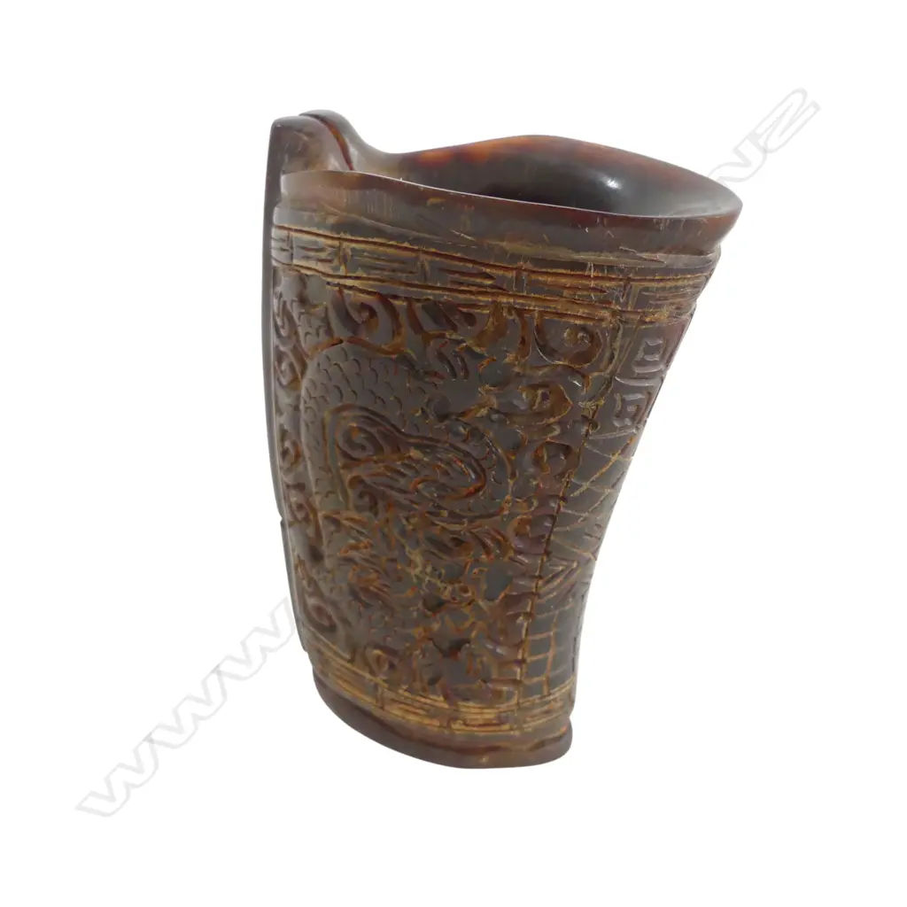 CHINESE CARVED HORN LIBATION CUP H.90mm Image 1++