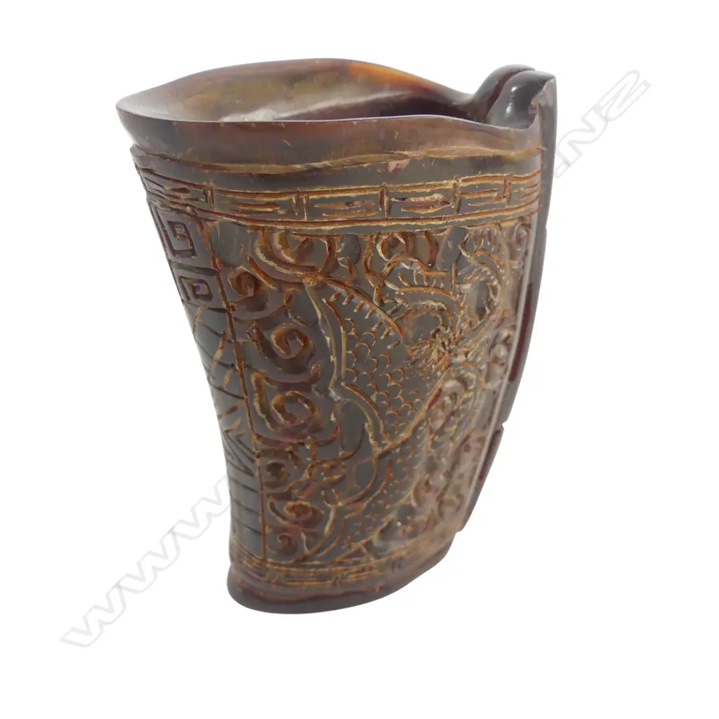 CHINESE CARVED HORN LIBATION CUP H.90mm Image 1++