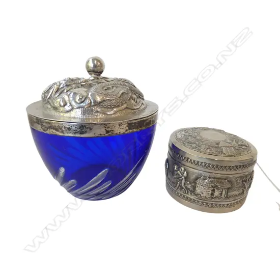 c1900 CHINESE SILVER 93% LIDDED dragon embossed BLUE VENETIAN FLASHED & cu POT lid 106gms