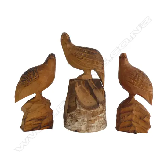 3 x 1945 JAPANESE CARVED QUAIL FIGURINES, CEDAR WOOD, H.210/160/150mm, 1 signed & dated
