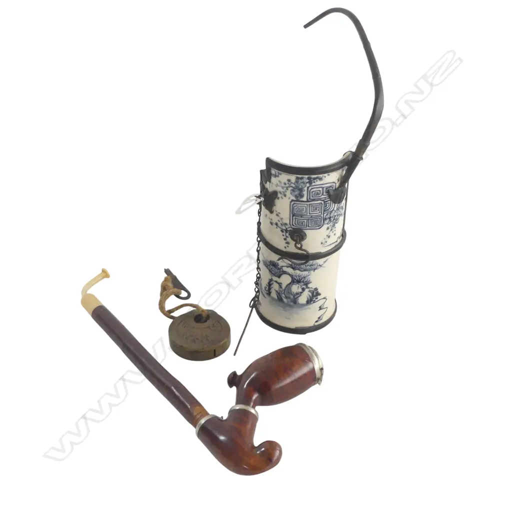 3 ITEMS; LOCK, PIPE, B/W CERAMIC OPIUM PIPE H.255mm Image 1++