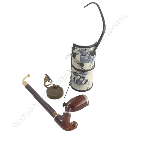 3 ITEMS; LOCK, PIPE, B/W CERAMIC OPIUM PIPE H.255mm