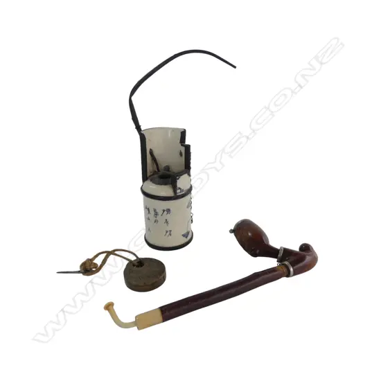 3 ITEMS; LOCK, PIPE, B/W CERAMIC OPIUM PIPE H.255mm