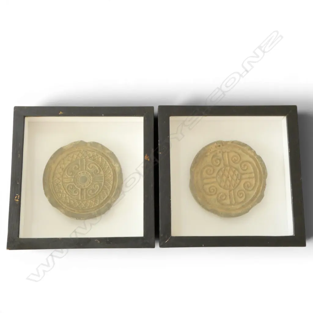 2 CHINESE FRAMED TERACOTTA DISCS 285x285mm Image 1++