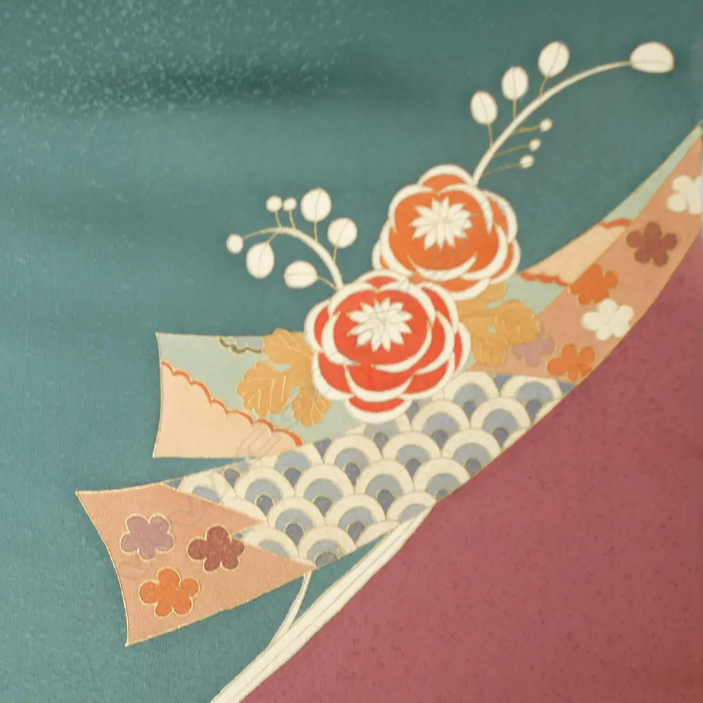 Unused 1980's NISHIJIN TEXTILE (Kyoto) JAPANESE floral kimono sash on green SILK ROLL L.12M W.370mm. New old stock... Image 1++