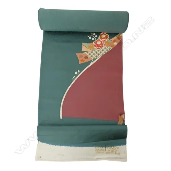 Unused 1980's NISHIJIN TEXTILE (Kyoto) JAPANESE floral kimono sash on green SILK ROLL L.12M W.370mm. New old stock...
