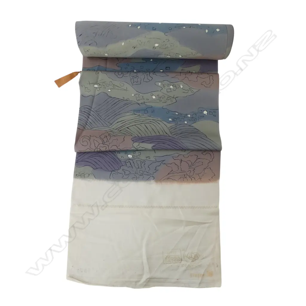 Unused 1980's NISHIJIN TEXTILE (Kyoto) JAPANESE blue, purple, green pattern SILK ROLL L.12M W.370mm. New old stock Image 1++