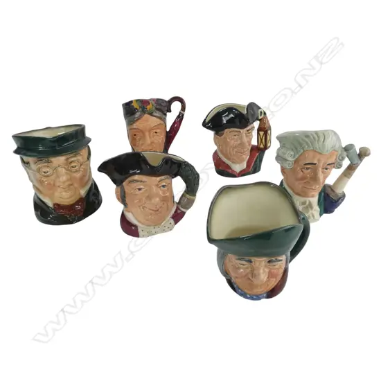 5 ROYAL DOULTON CHARACTER JUGS + OTHER JUG; MINE HOST, NIGHT WATCHMAN, APOTHECARY etc