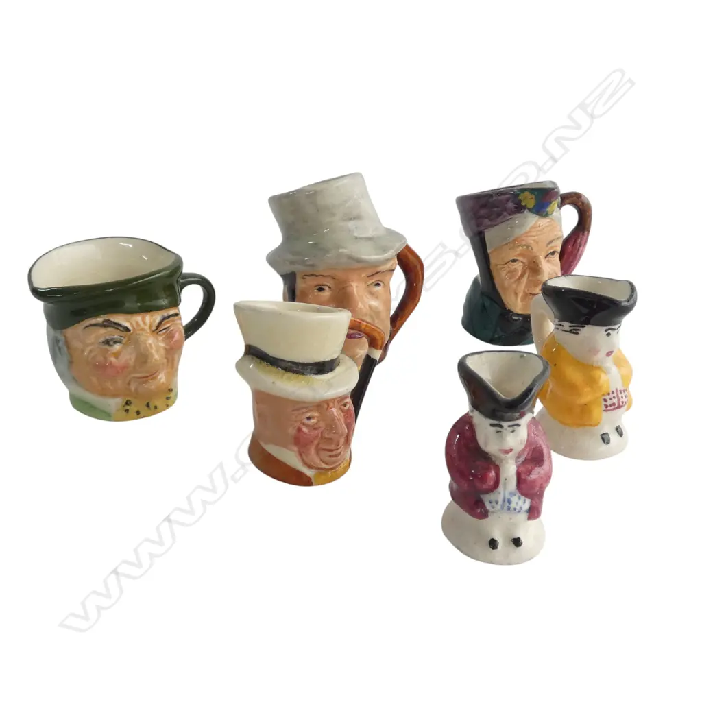 6 MINIATURE ENGLISH CHINA CHARACTER/TOBY JUGS Image 1++